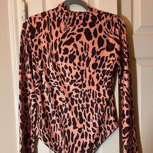 NEW Women's Leopart Print Long Sleeve Bodysuit - Mock Neck - Size Large